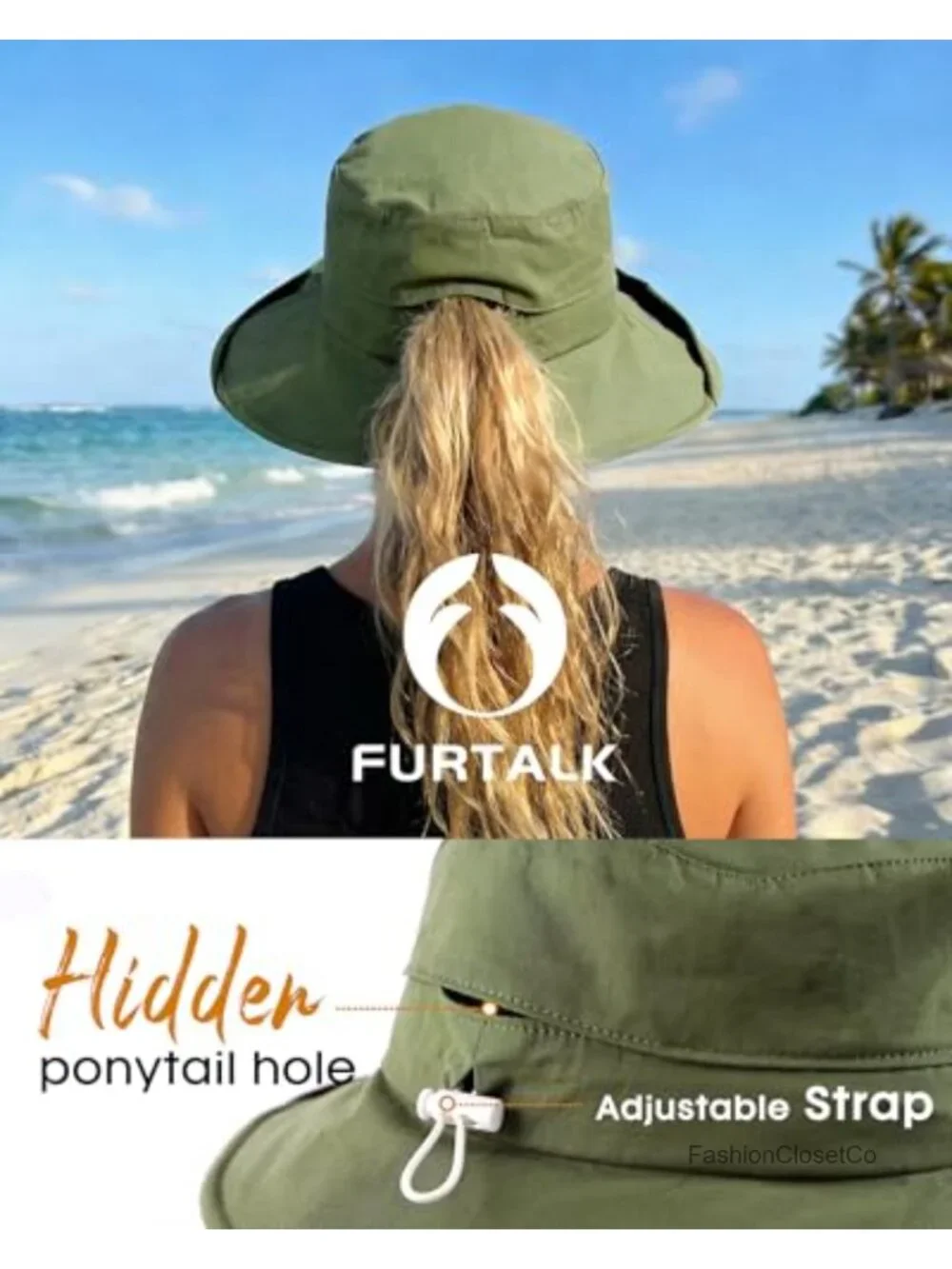 Wide Brim Ponytail Sun Hat UPF 80+ Cotton Foldable Bucket Hat